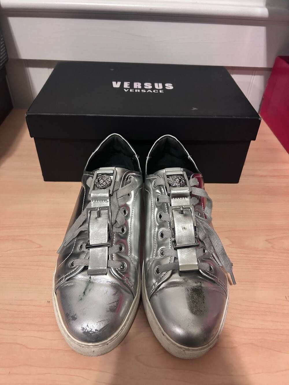 Versus Versace Silver Metallic Lion Head Buckle Sneakers